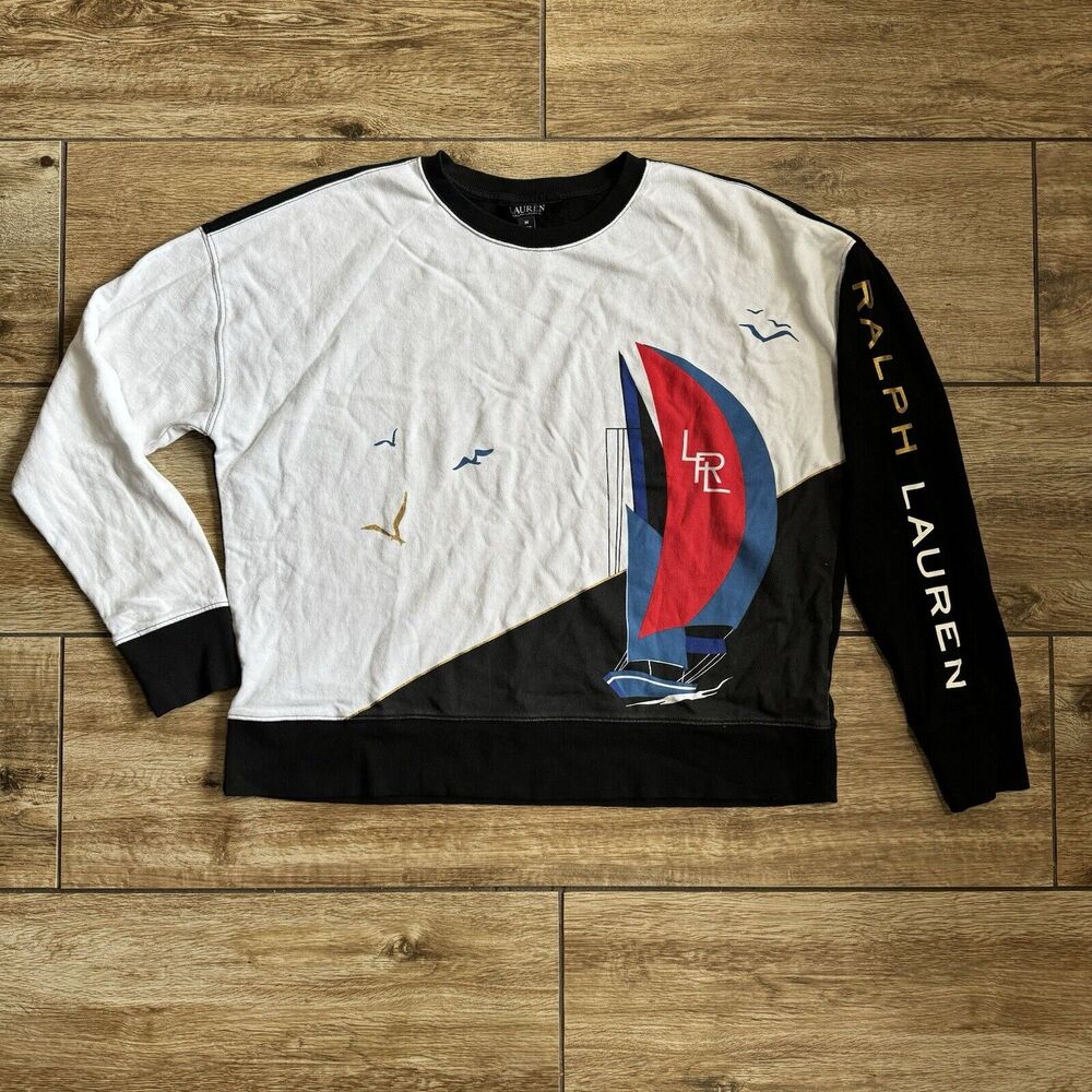 Lauren Ralph Lauren Women's Sweatshirt Black White M Graphic Boat Yacht Logo - Picture 2 of 12
